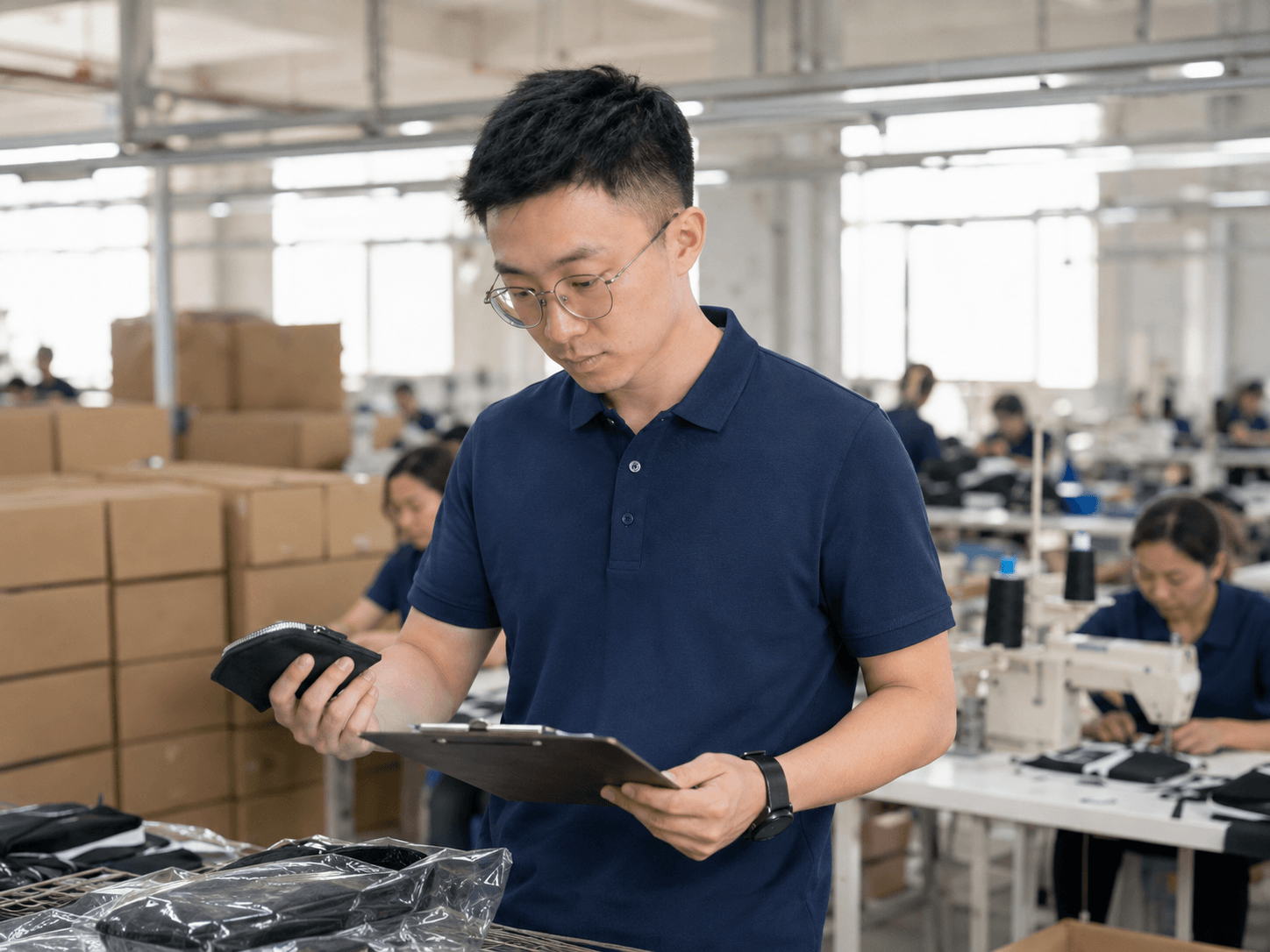 Sourcing agent inspecting a product sample on the floor of a Chinese factory while sourcing products from China.