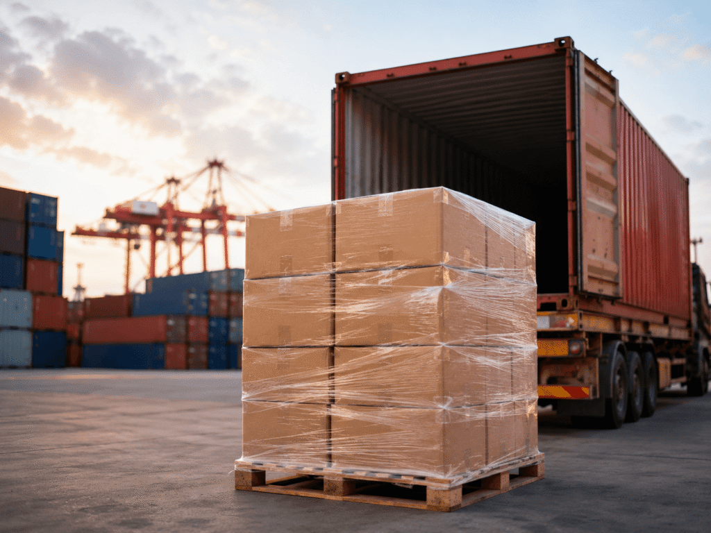 Stacked export cartons on a pallet beside an open shipping container at a Chinese port, ready for China sourcing shipment.